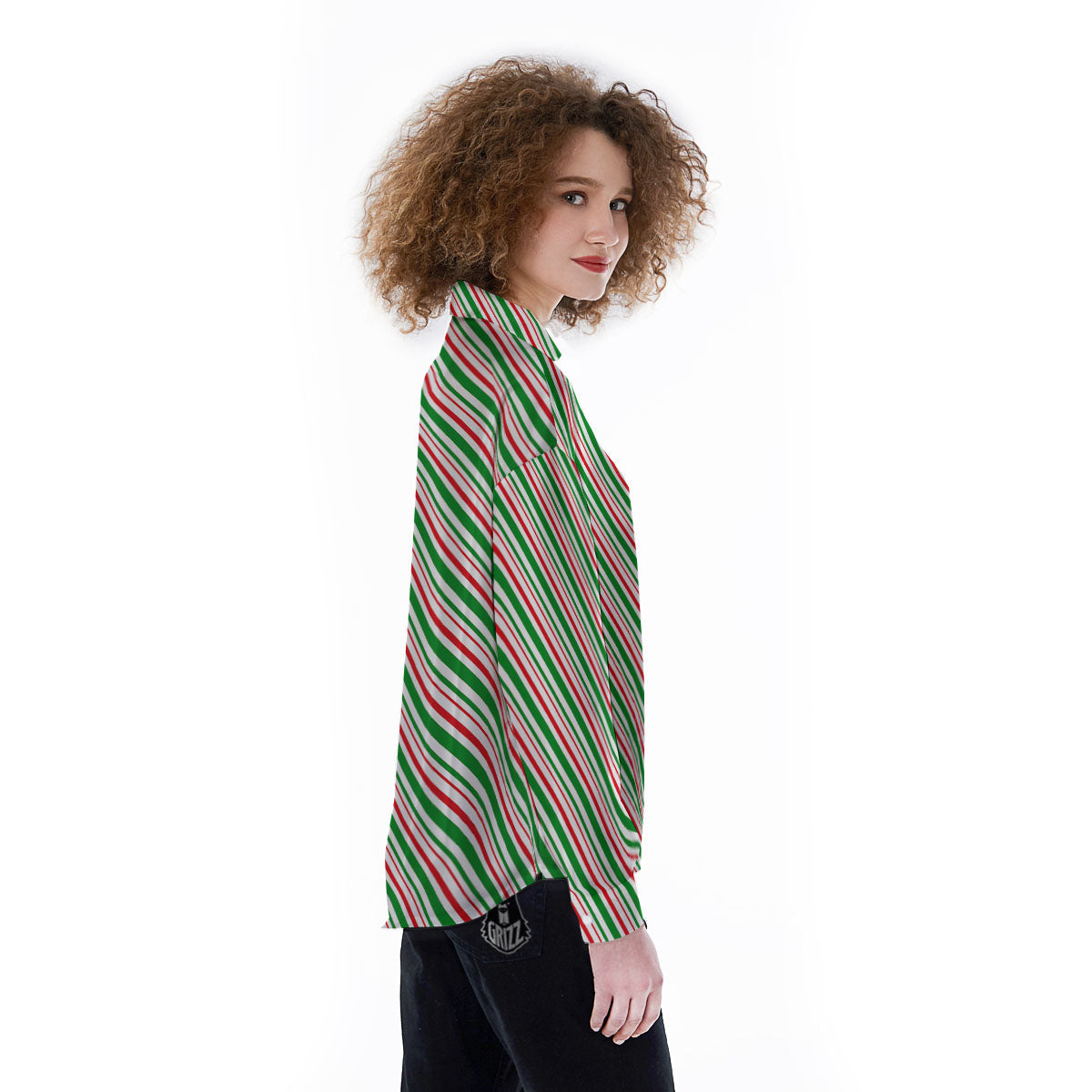 White Candy Cane And Red Green Print Women's Long Sleeve Shirts-grizzshop