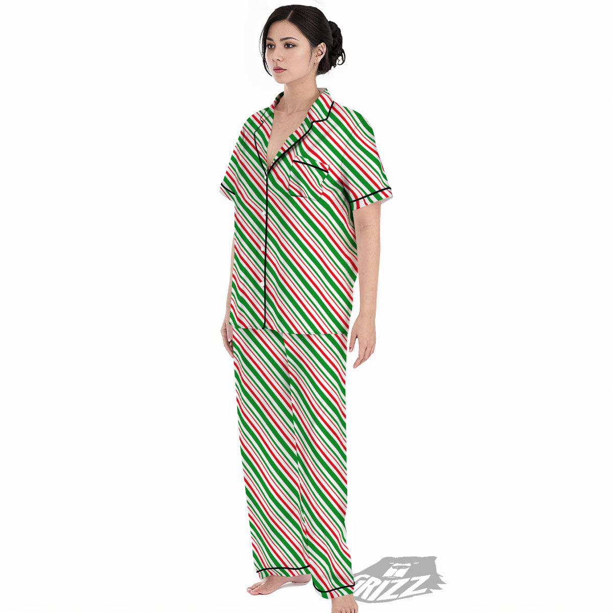 White Candy Cane And Red Green Print Women's Pajamas Set-grizzshop