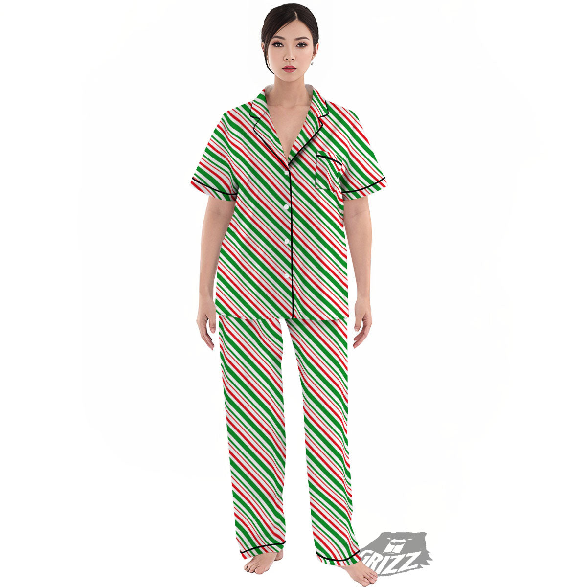 White Candy Cane And Red Green Print Women's Pajamas Set-grizzshop