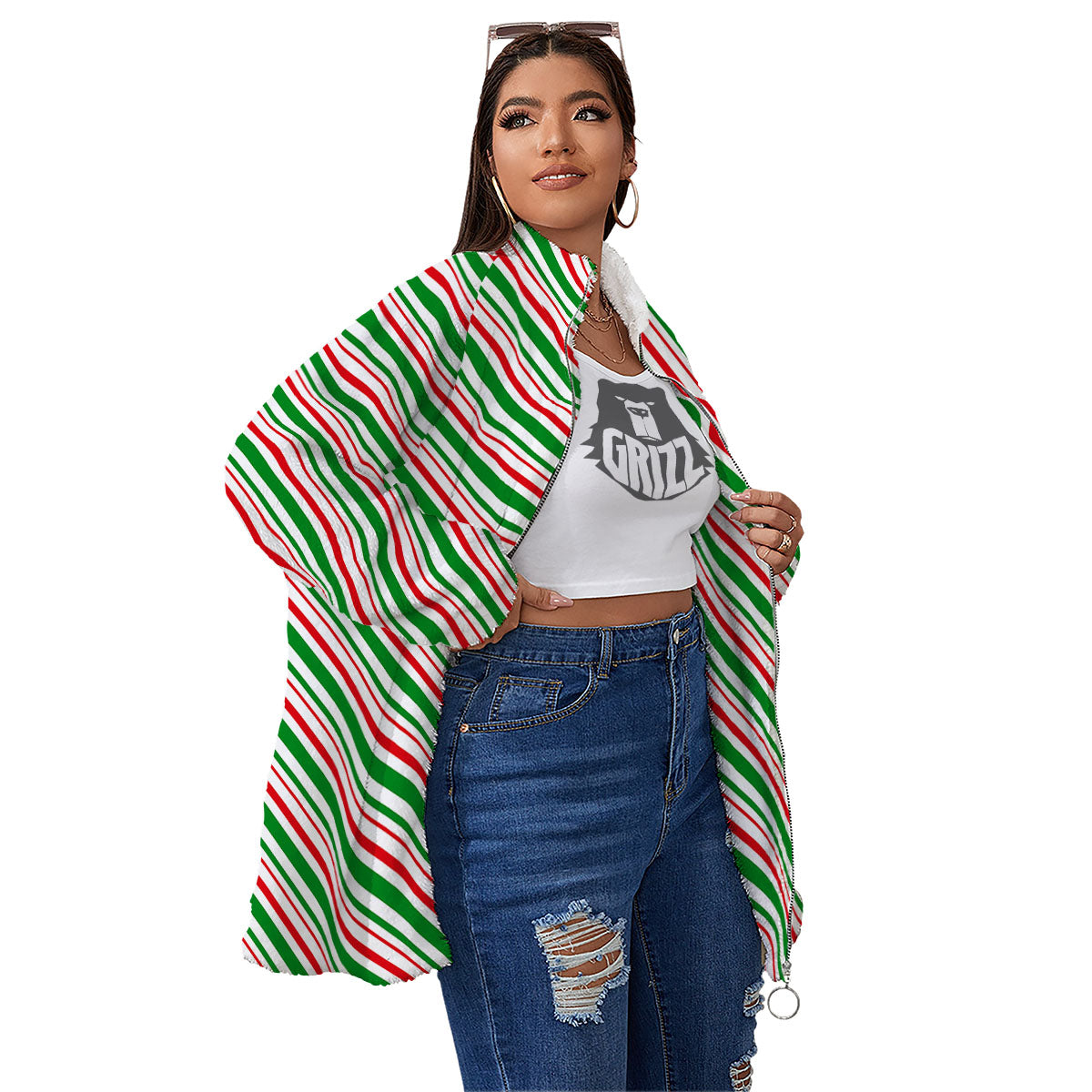 White Candy Cane And Red Green Print Women's Sherpa Jacket-grizzshop