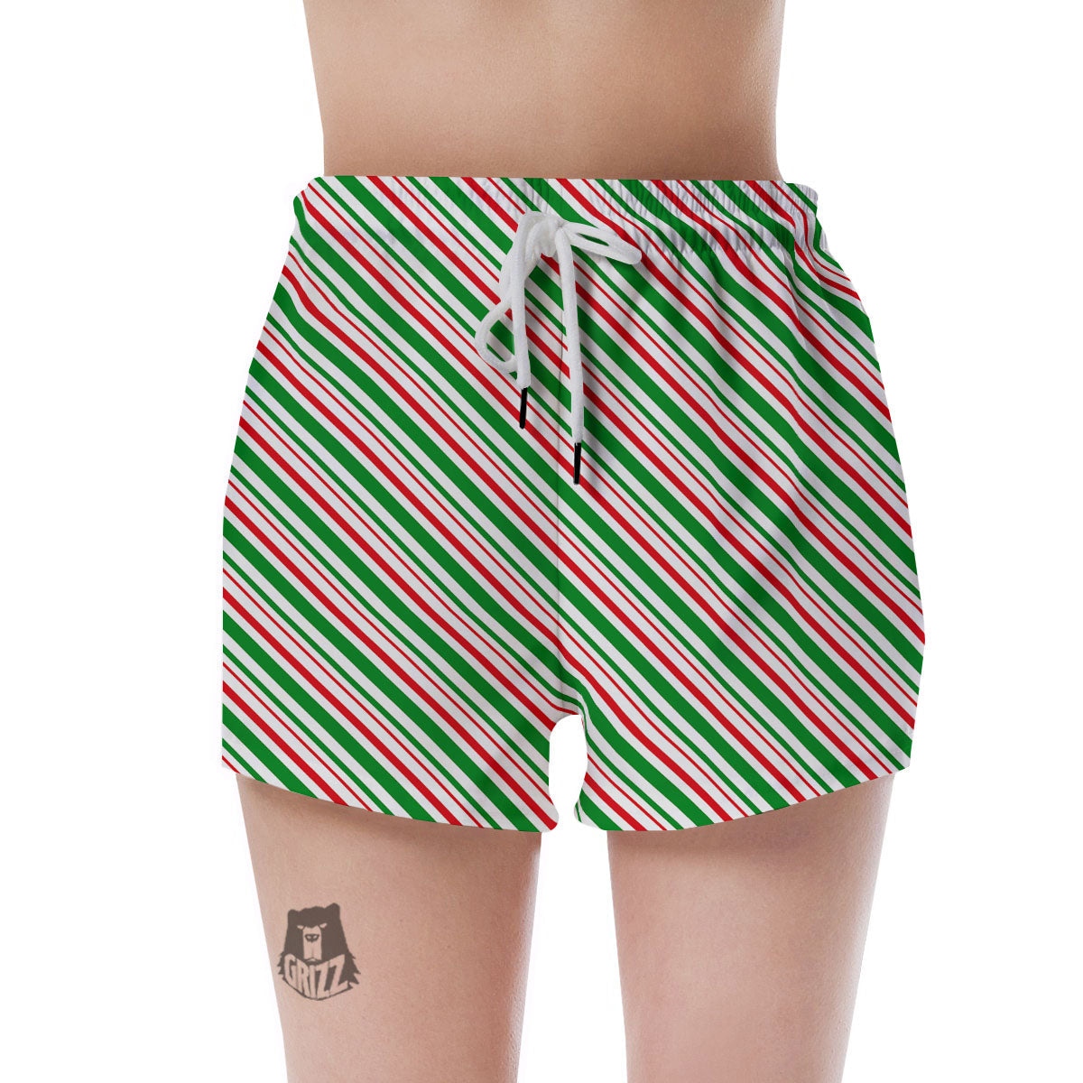 White Candy Cane And Red Green Print Women's Shorts-grizzshop