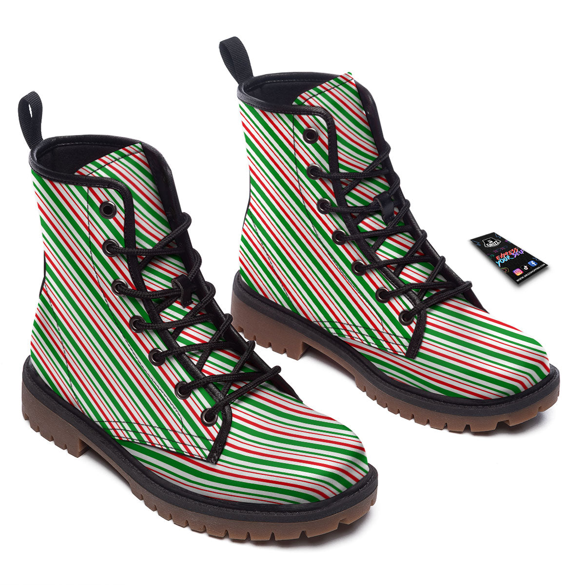 White Candy Cane And Red Green Print Work Boots-grizzshop