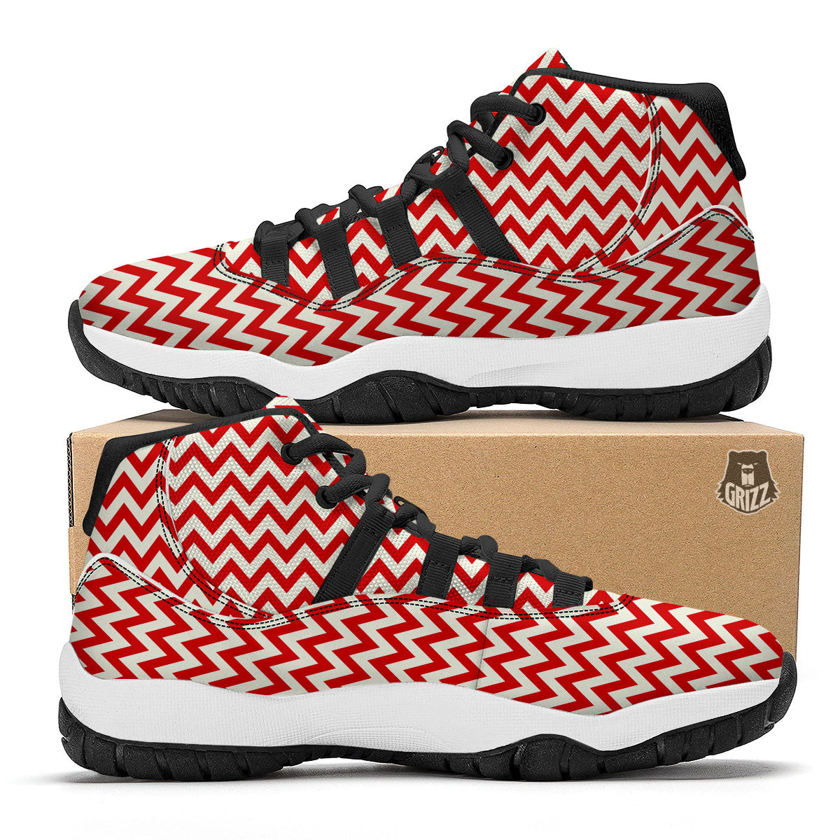 White Chevron And Beige Red Print Black Bball Shoes-grizzshop