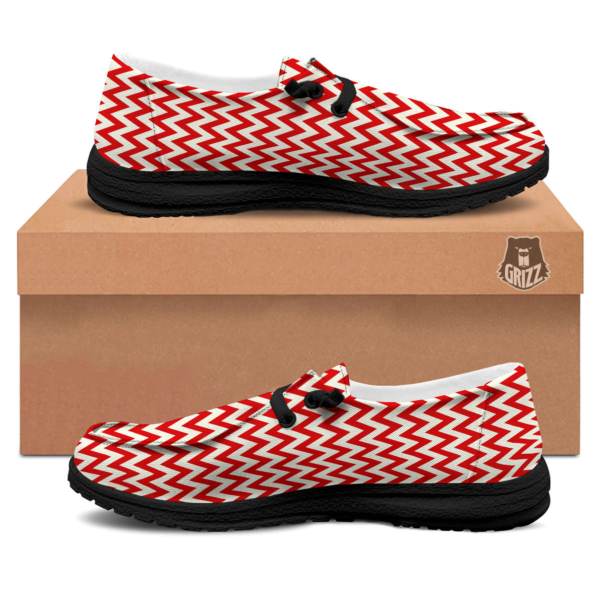 White Chevron And Beige Red Print Black Loafers-grizzshop