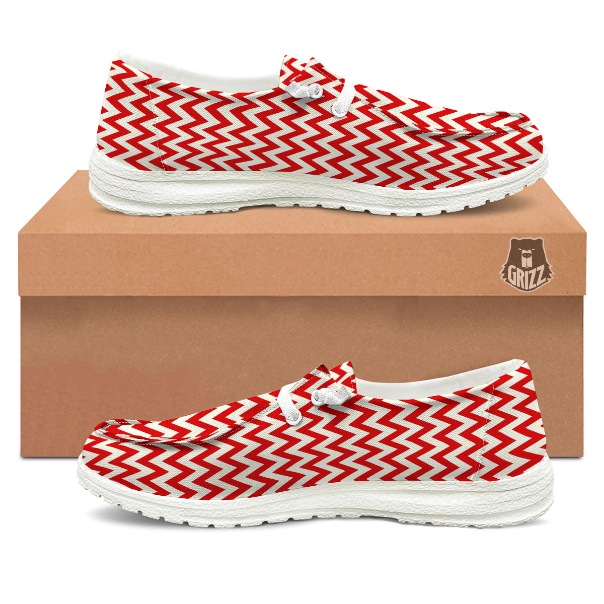 White Chevron And Beige Red Print Black Loafers-grizzshop