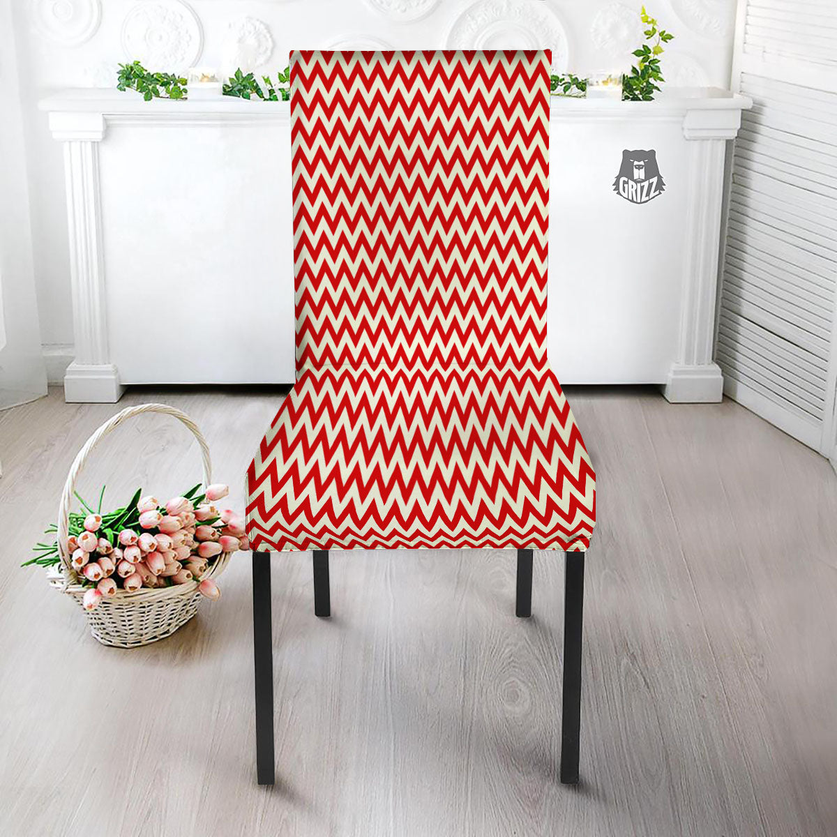 White Chevron And Beige Red Print Dining Chair Slipcover-grizzshop