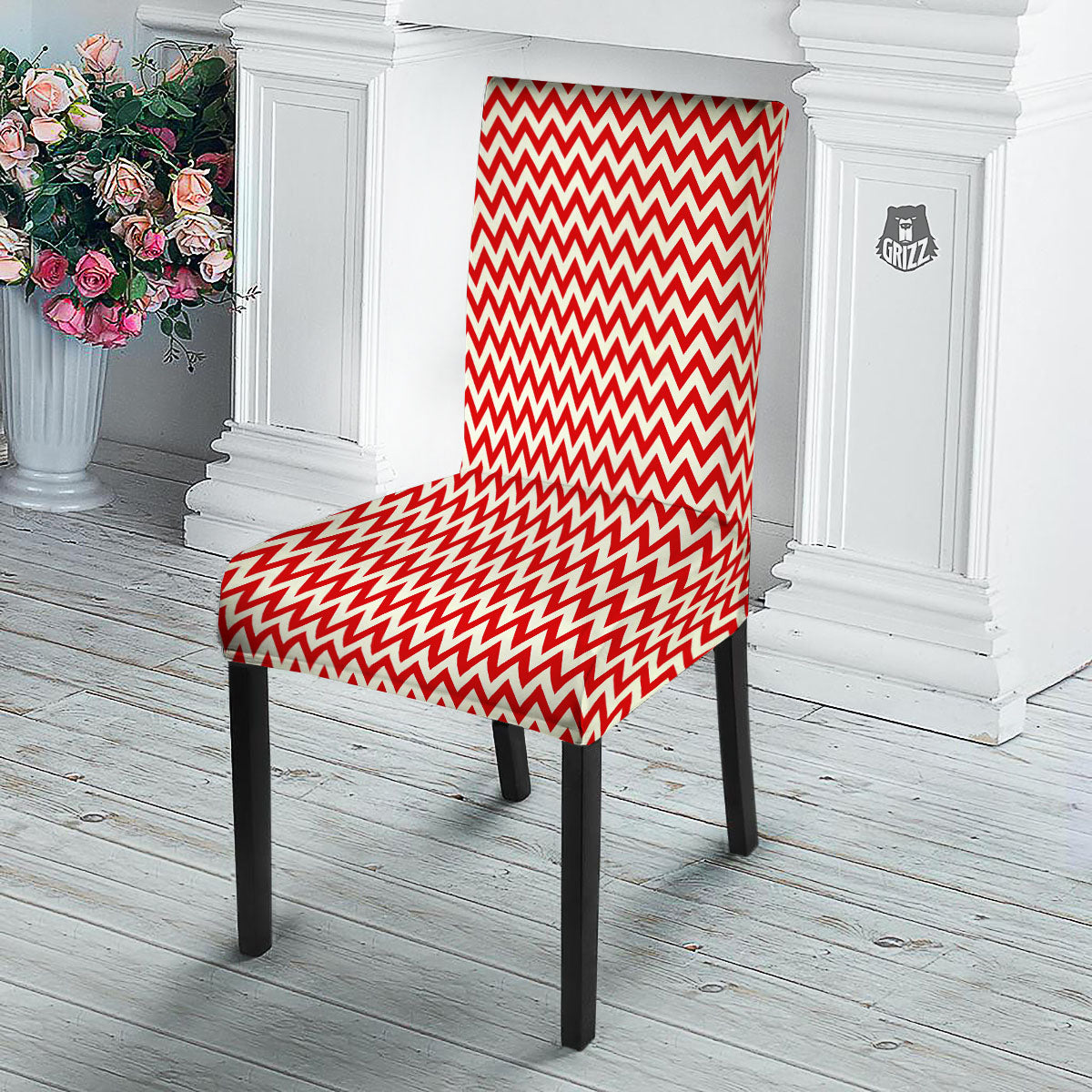 White Chevron And Beige Red Print Dining Chair Slipcover-grizzshop