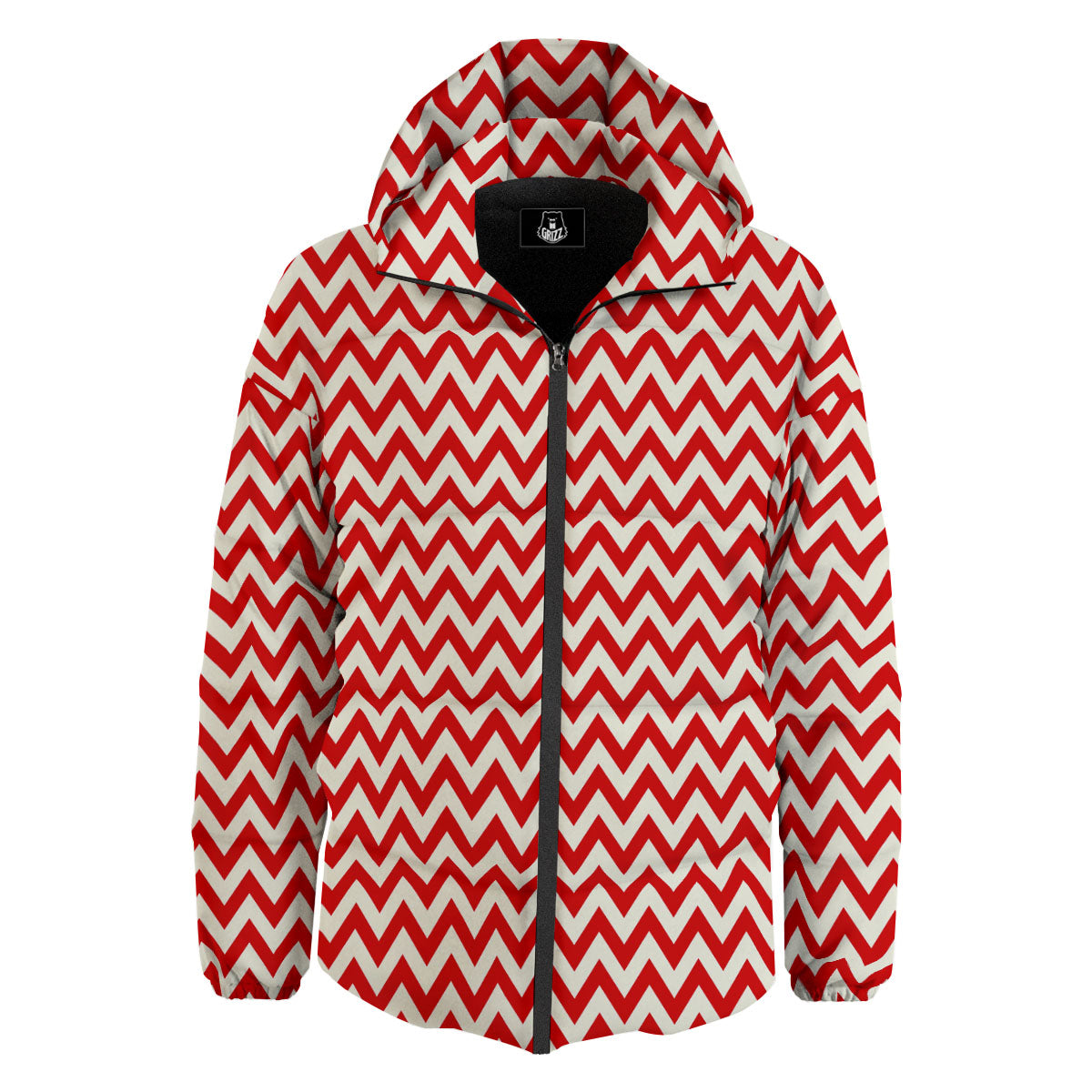 White Chevron And Beige Red Print Down Jacket-grizzshop
