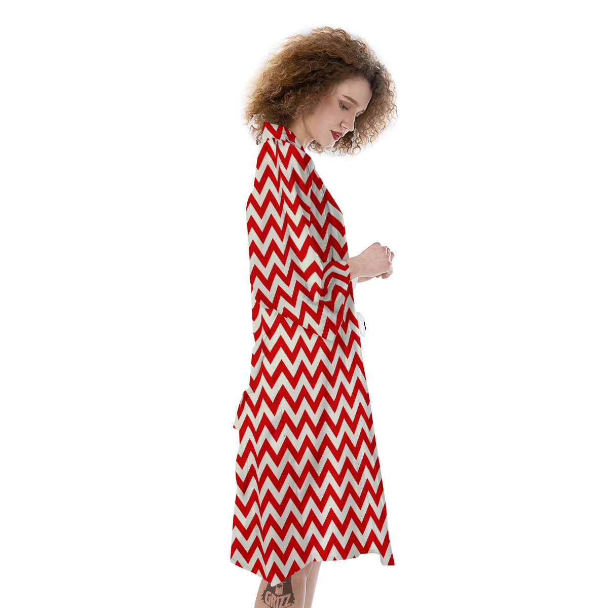 White Chevron And Beige Red Print Kimono-grizzshop
