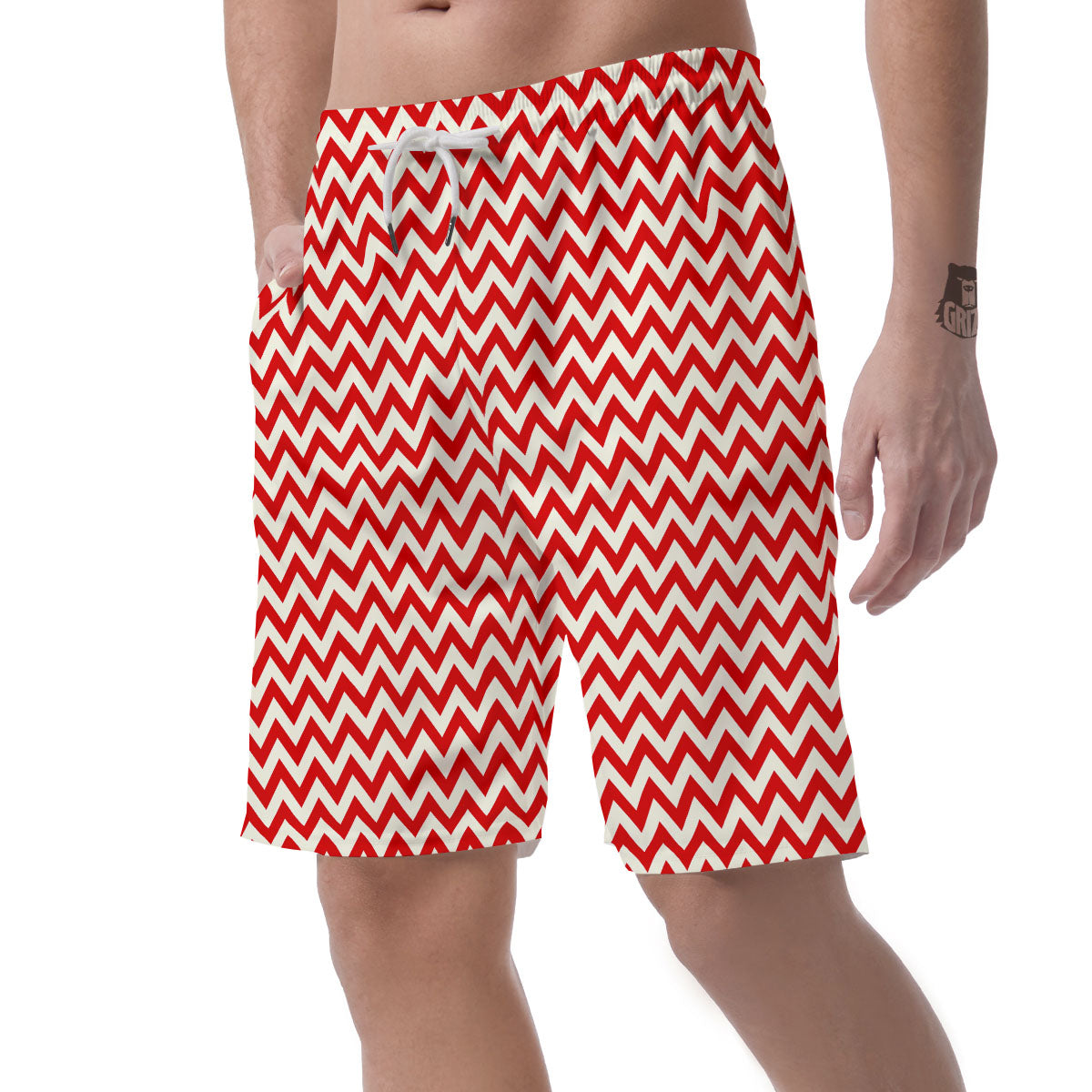 White Chevron And Beige Red Print Men's Shorts-grizzshop