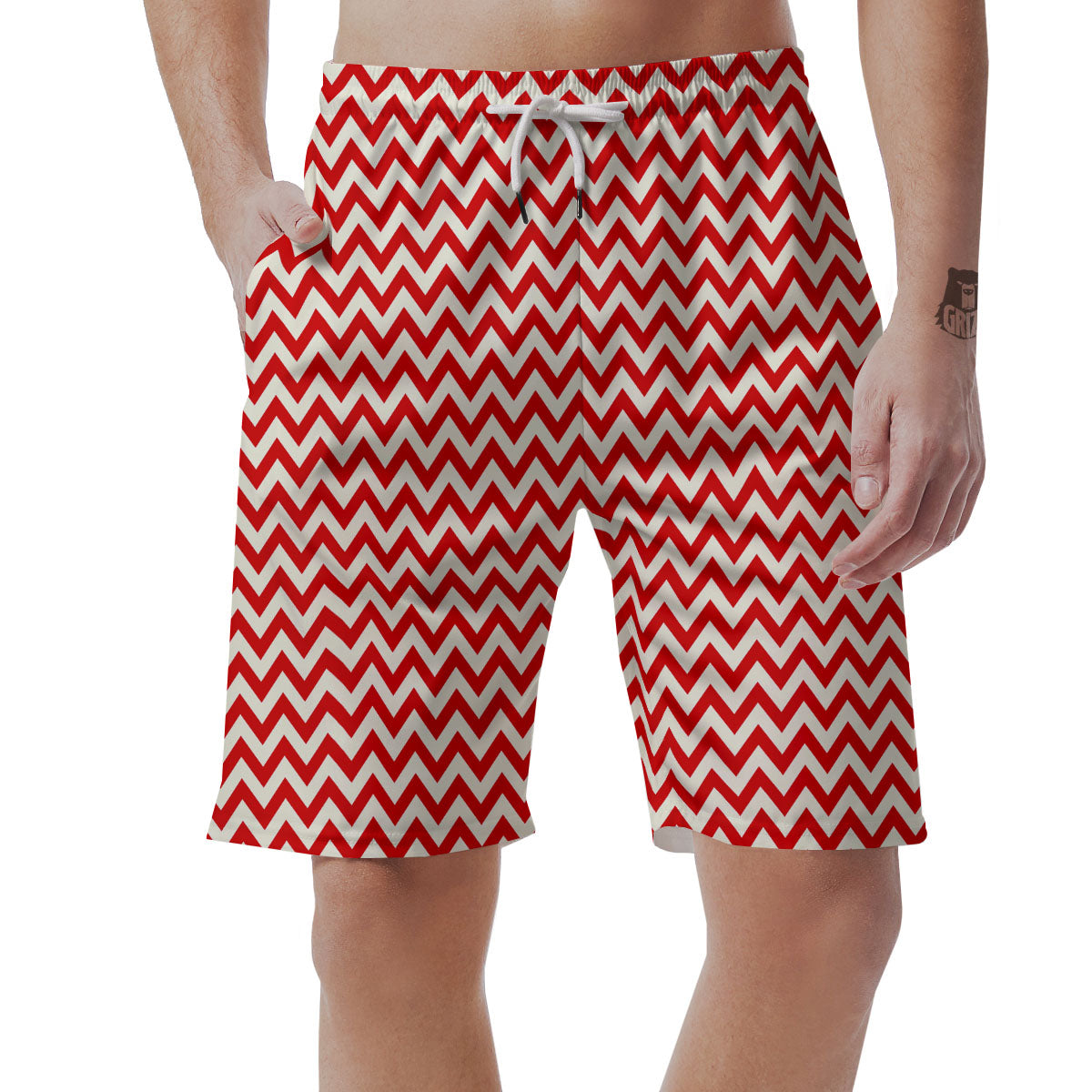 White Chevron And Beige Red Print Men's Shorts-grizzshop