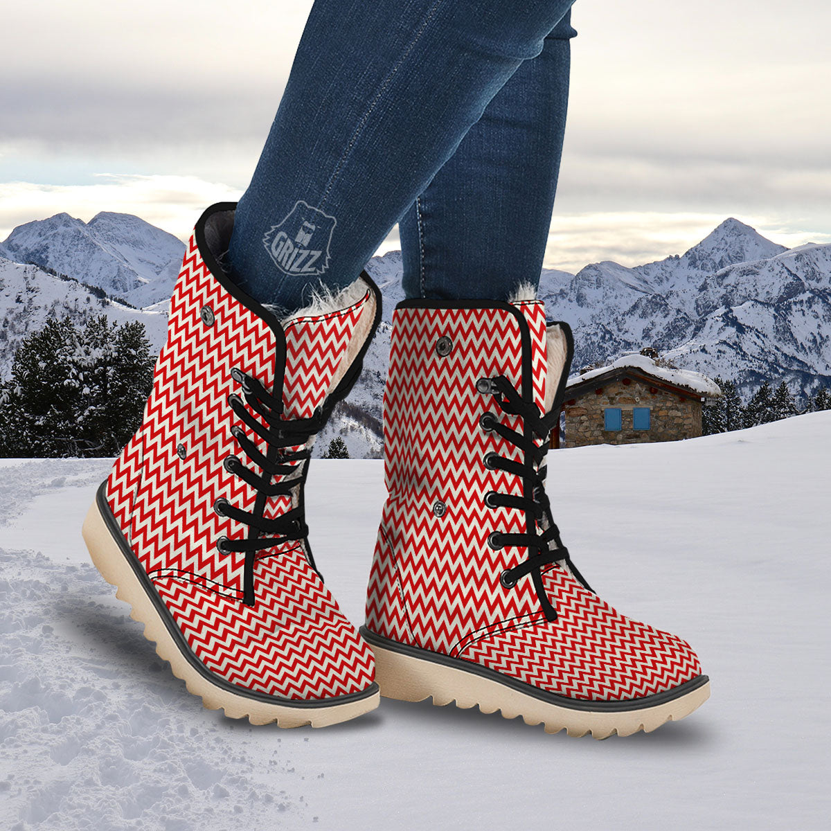 White Chevron And Beige Red Print Snow Boots-grizzshop