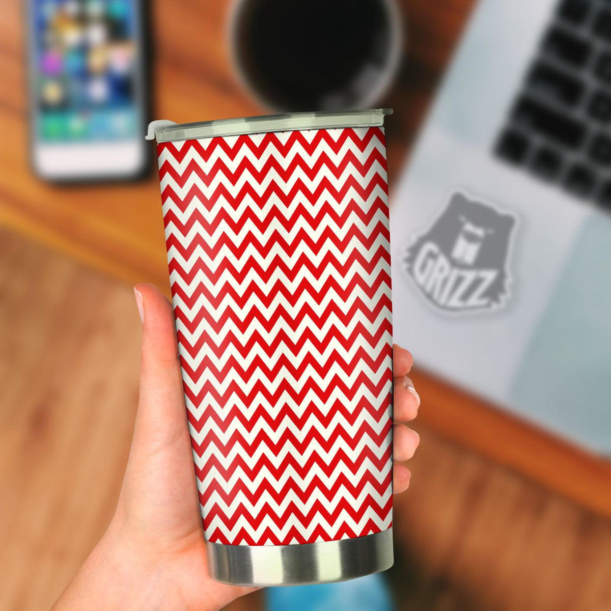 White Chevron And Beige Red Print Tumbler-grizzshop