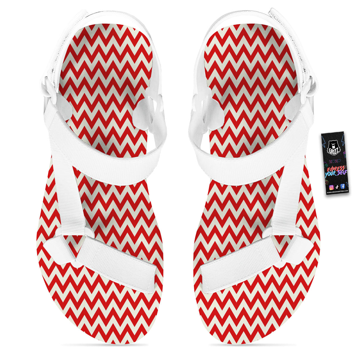 White Chevron And Beige Red Print White Open Toe Sandals-grizzshop