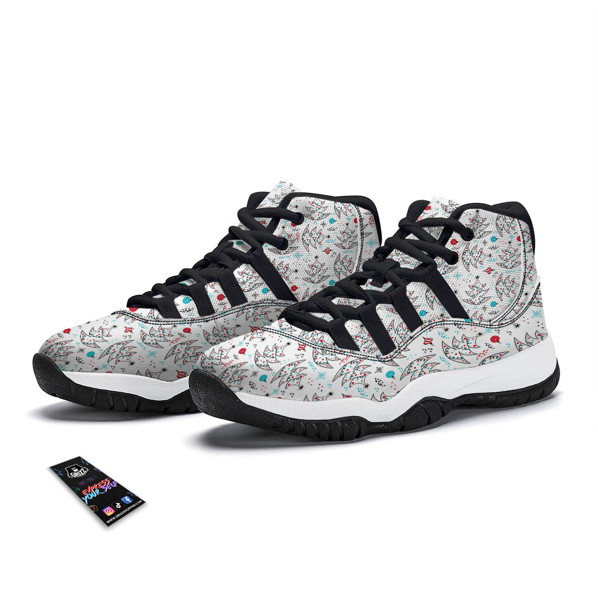 White Christmas Tree Doodle Black Bball Shoes-grizzshop