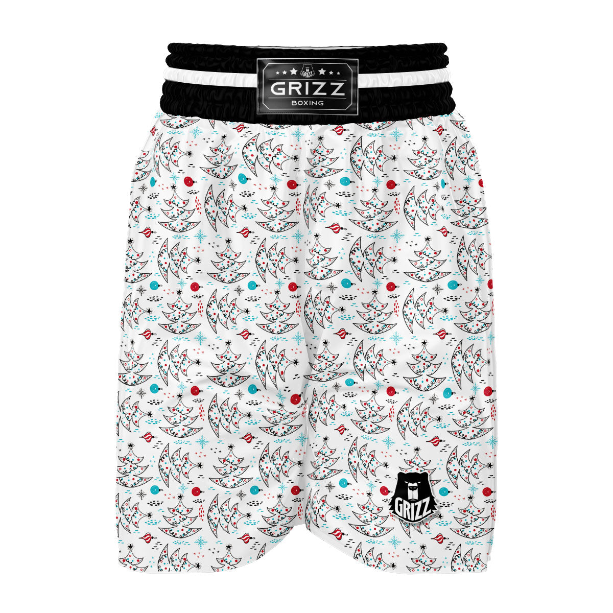 White Christmas Tree Doodle Boxing Shorts-grizzshop