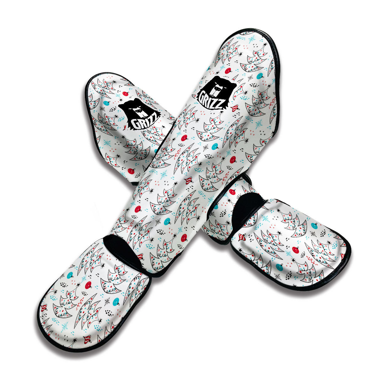 White Christmas Tree Doodle Muay Thai Shin Guards-grizzshop