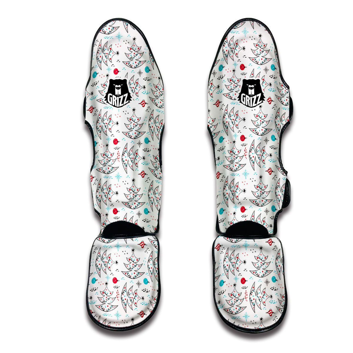 White Christmas Tree Doodle Muay Thai Shin Guards-grizzshop