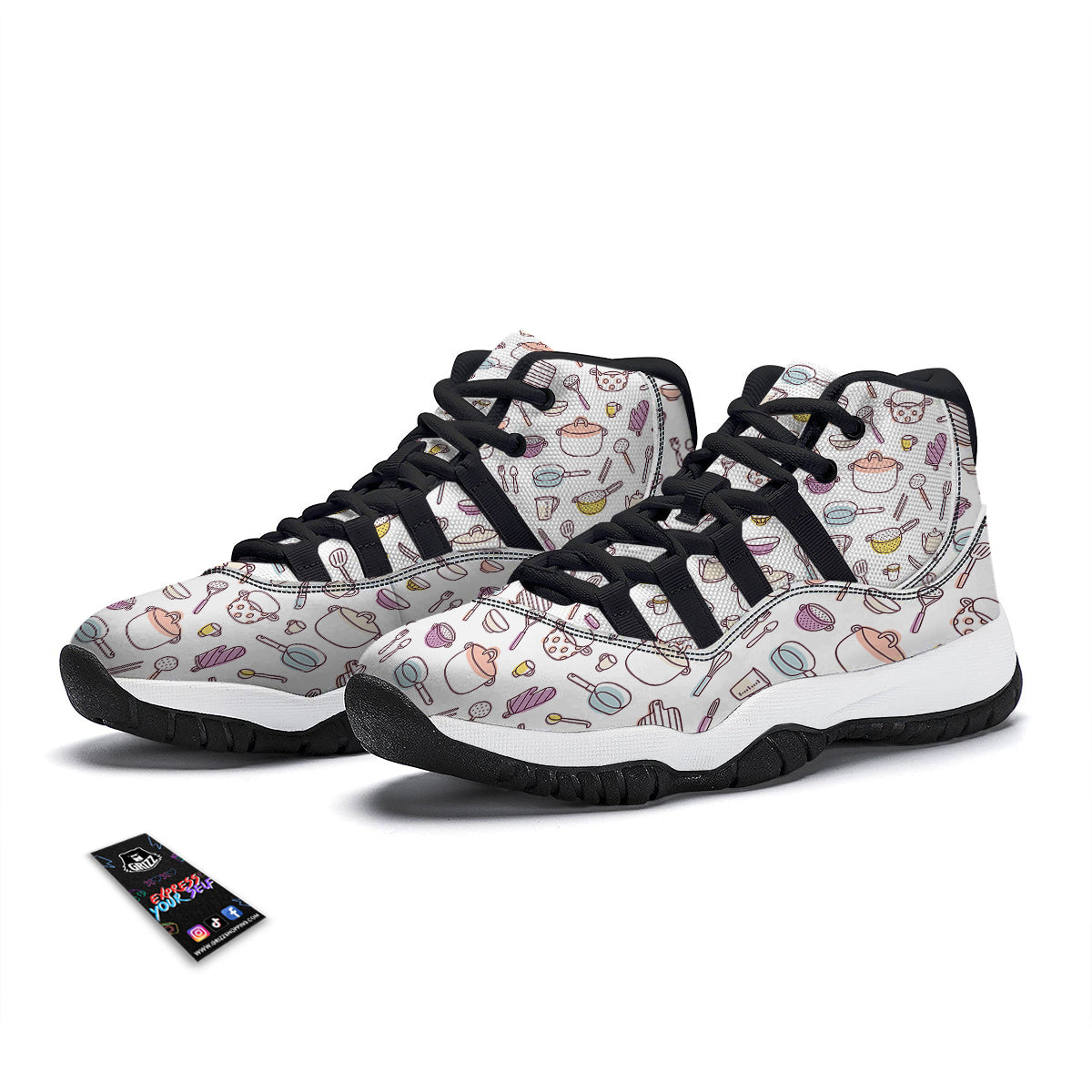 White Cooking Print Pattern Black Bball Shoes-grizzshop