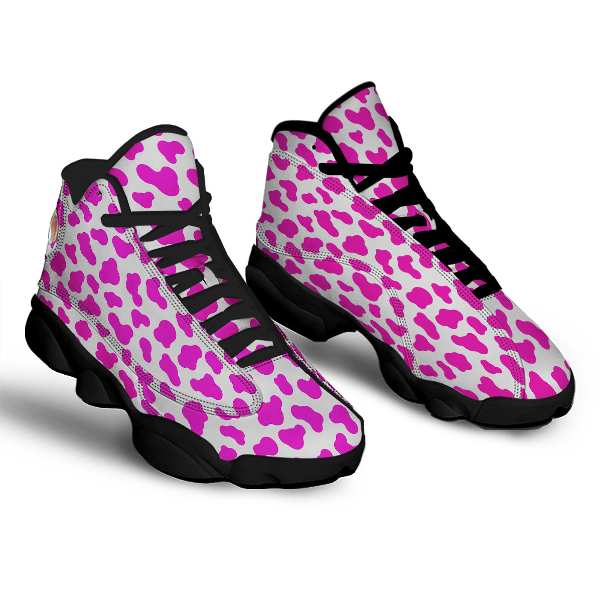 White Cow And Hot Pink Print Black Basketball Shoes-grizzshop