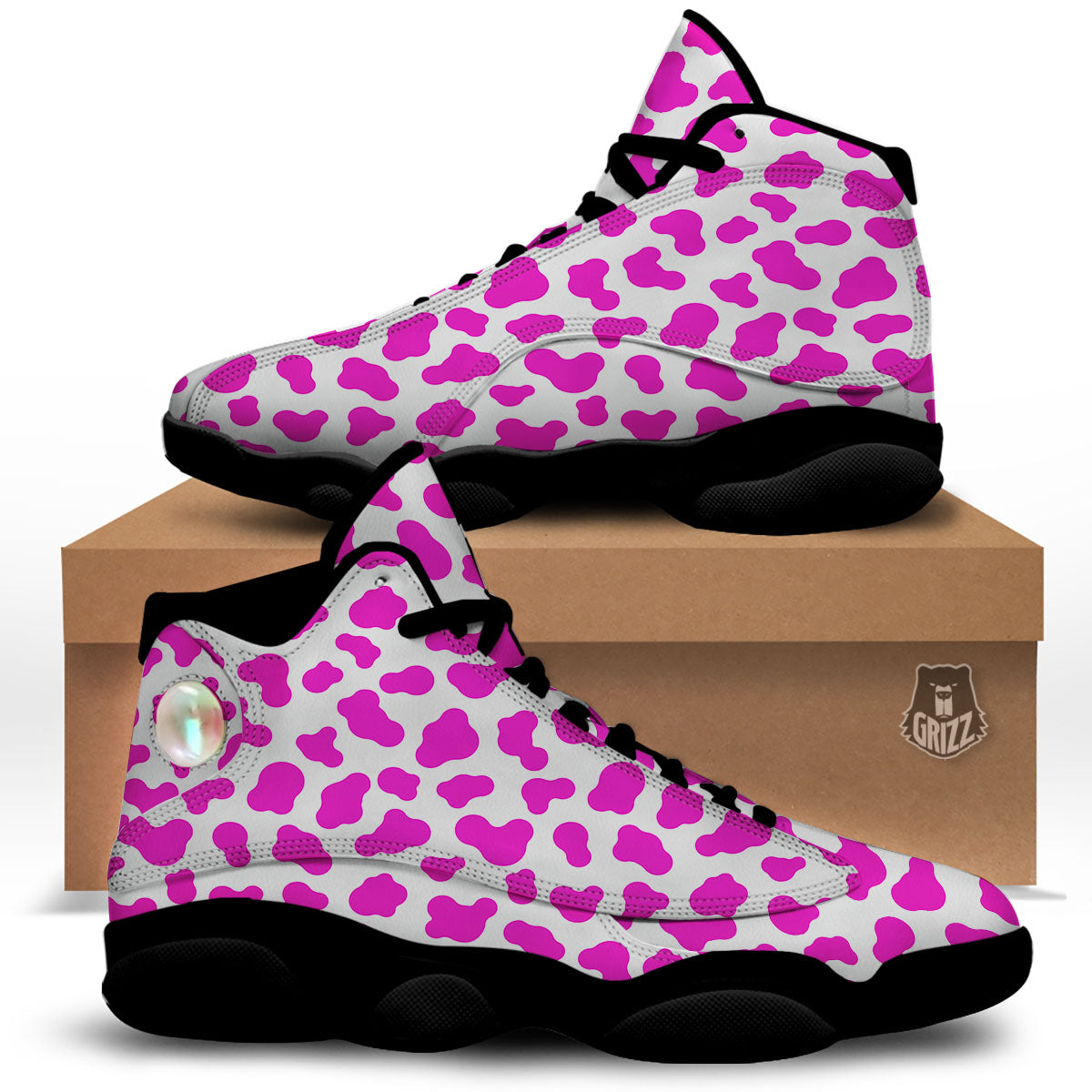 White Cow And Hot Pink Print Black Basketball Shoes-grizzshop