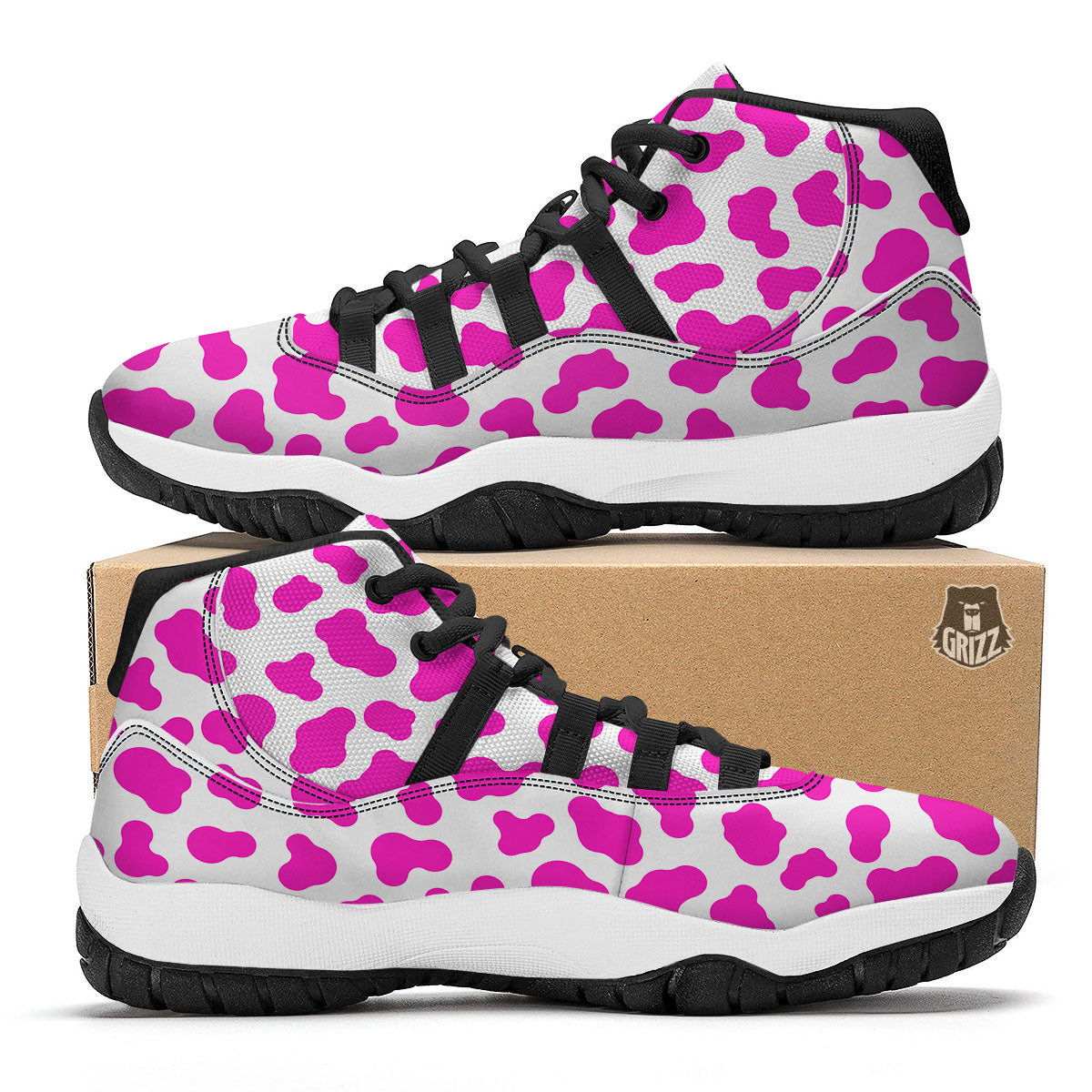 White Cow And Hot Pink Print Black Bball Shoes-grizzshop