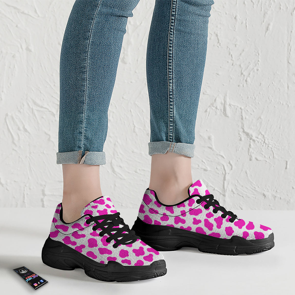 White Cow And Hot Pink Print Black Chunky Shoes-grizzshop