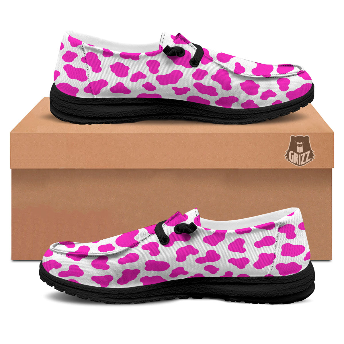 White Cow And Hot Pink Print Black Loafers-grizzshop