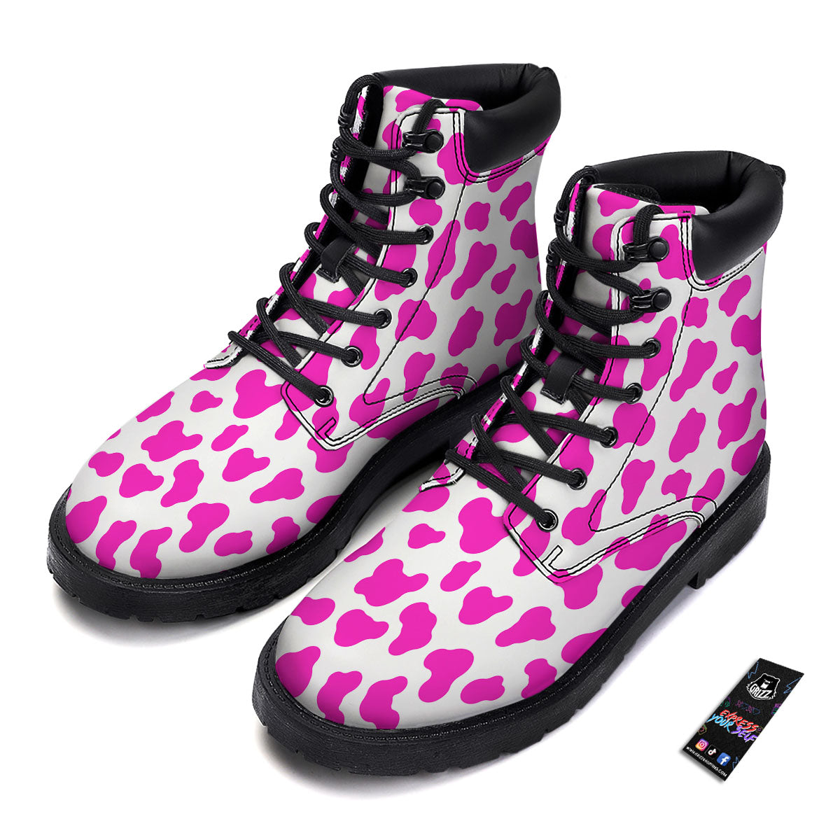 White Cow And Hot Pink Print Boots-grizzshop