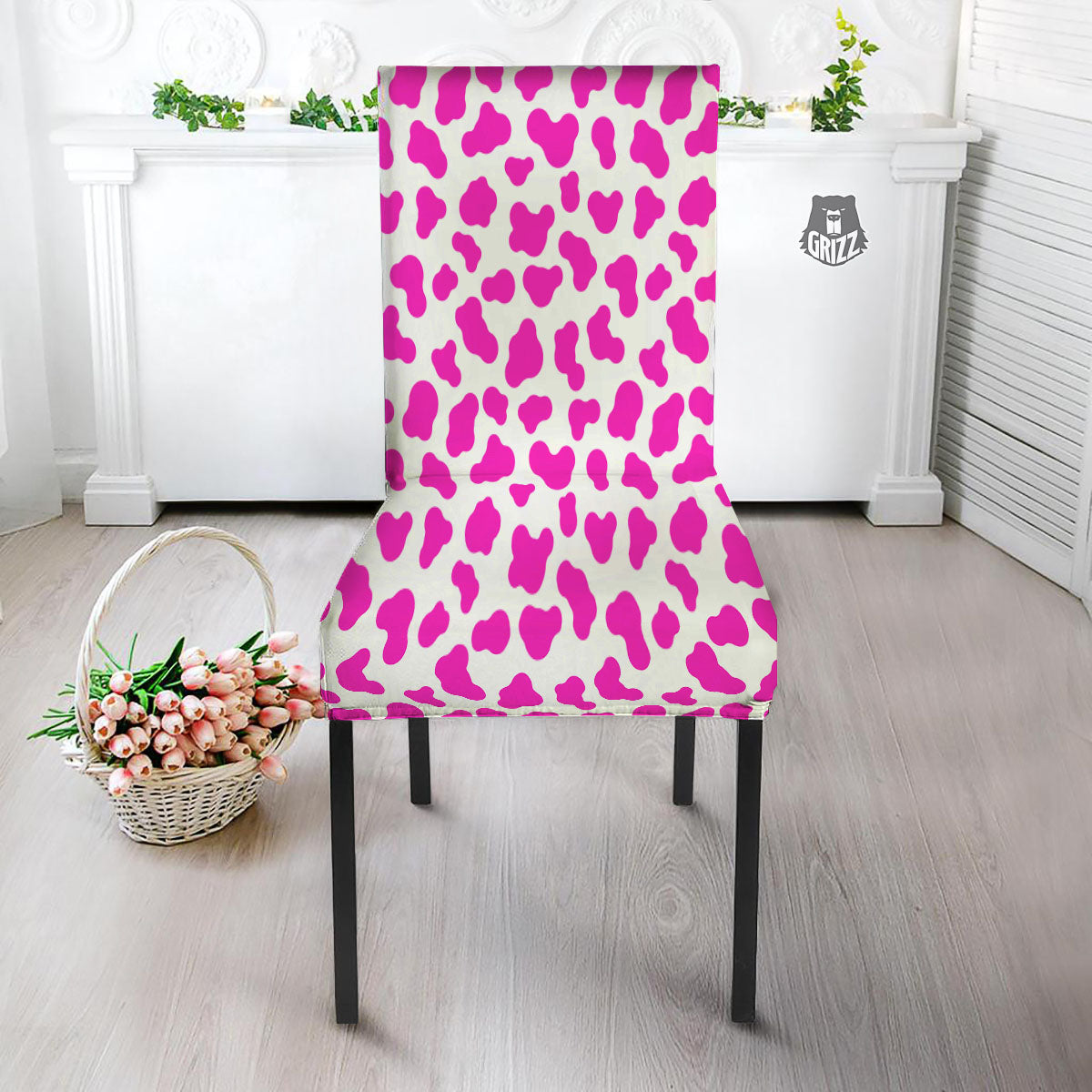 White Cow And Hot Pink Print Dining Chair Slipcover-grizzshop