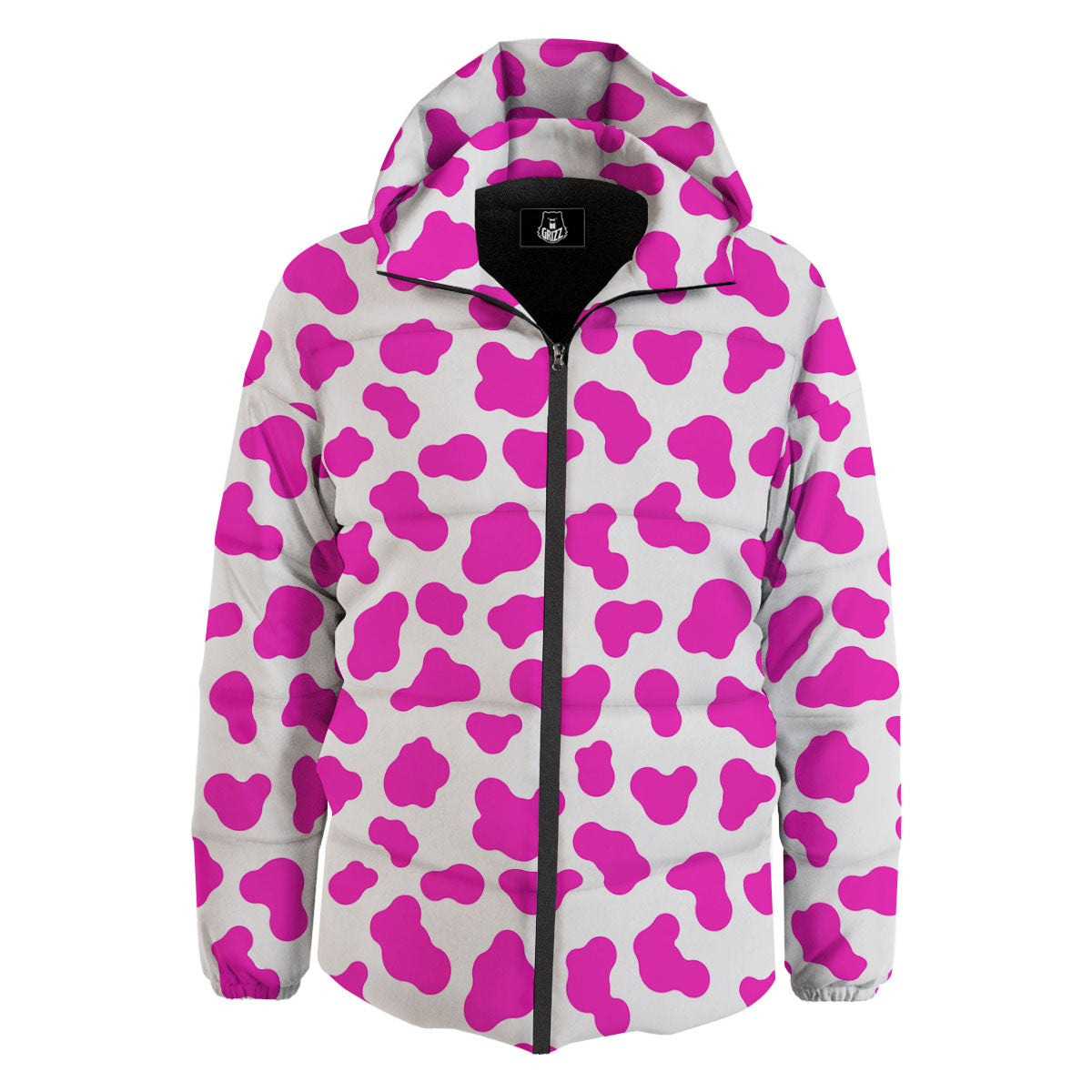 White Cow And Hot Pink Print Down Jacket-grizzshop