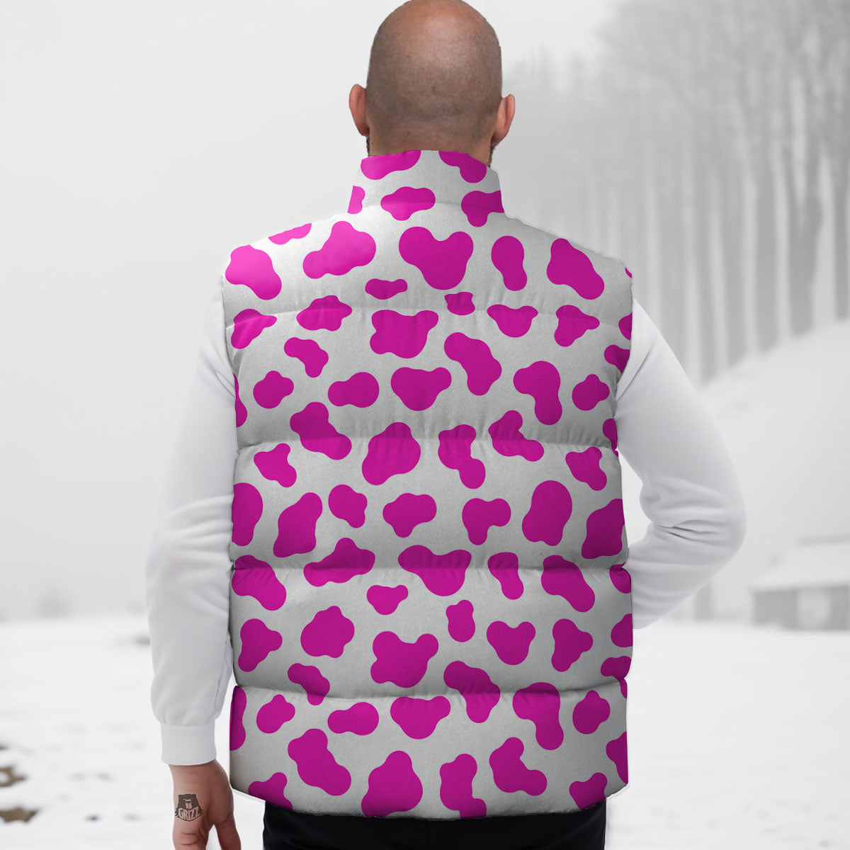 White Cow And Hot Pink Print Down Vest