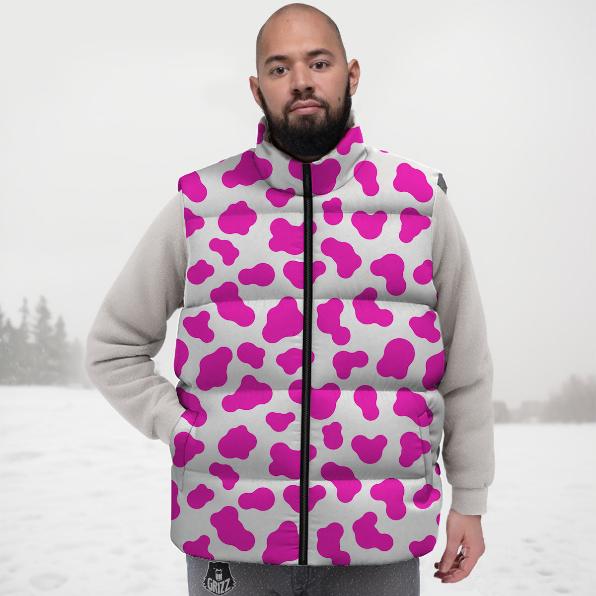 White Cow And Hot Pink Print Down Vest