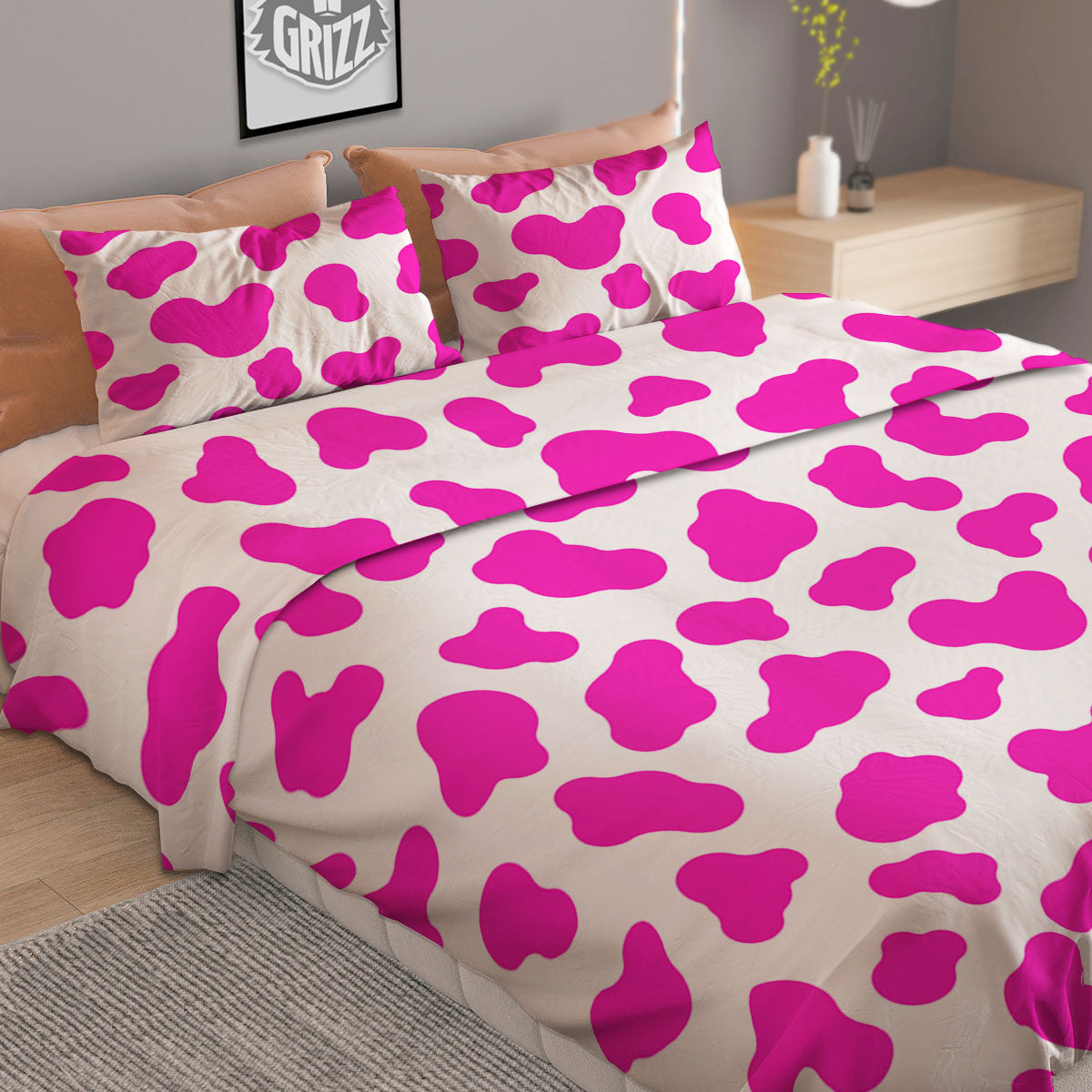 White Cow And Hot Pink Print Duvet Cover Bedding Set