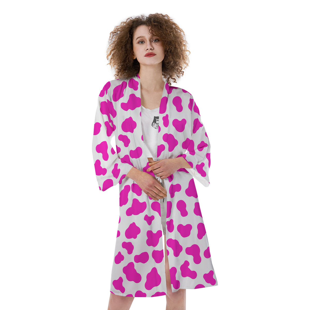 White Cow And Hot Pink Print Kimono-grizzshop