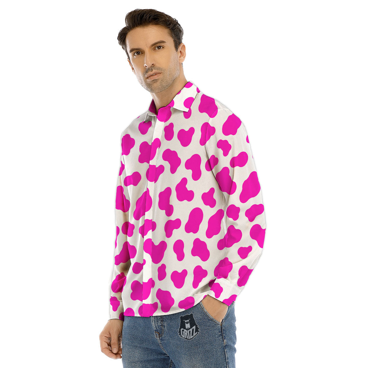 White Cow And Hot Pink Print Men's Dress Shirts-grizzshop