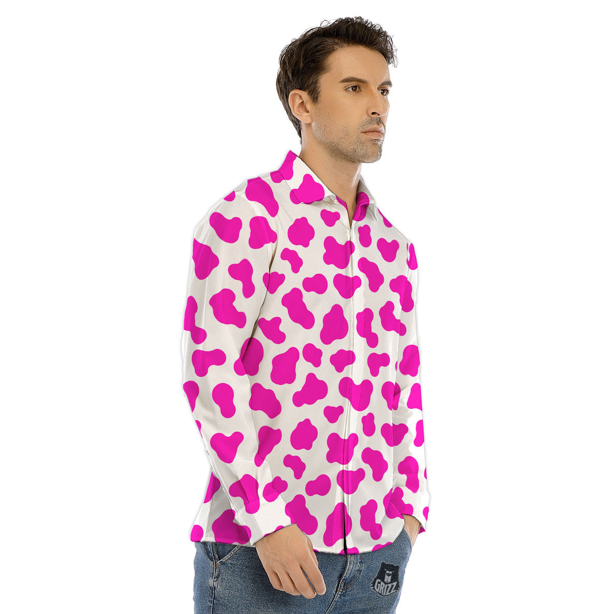 White Cow And Hot Pink Print Men's Dress Shirts-grizzshop