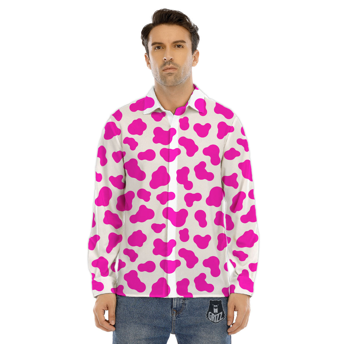 White Cow And Hot Pink Print Men's Dress Shirts-grizzshop