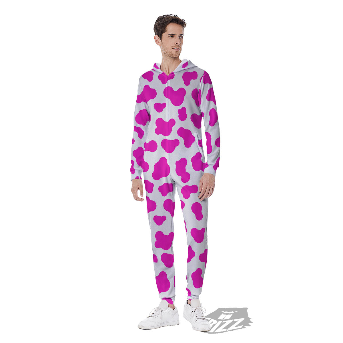 White Cow And Hot Pink Print Men's Jumpsuit-grizzshop