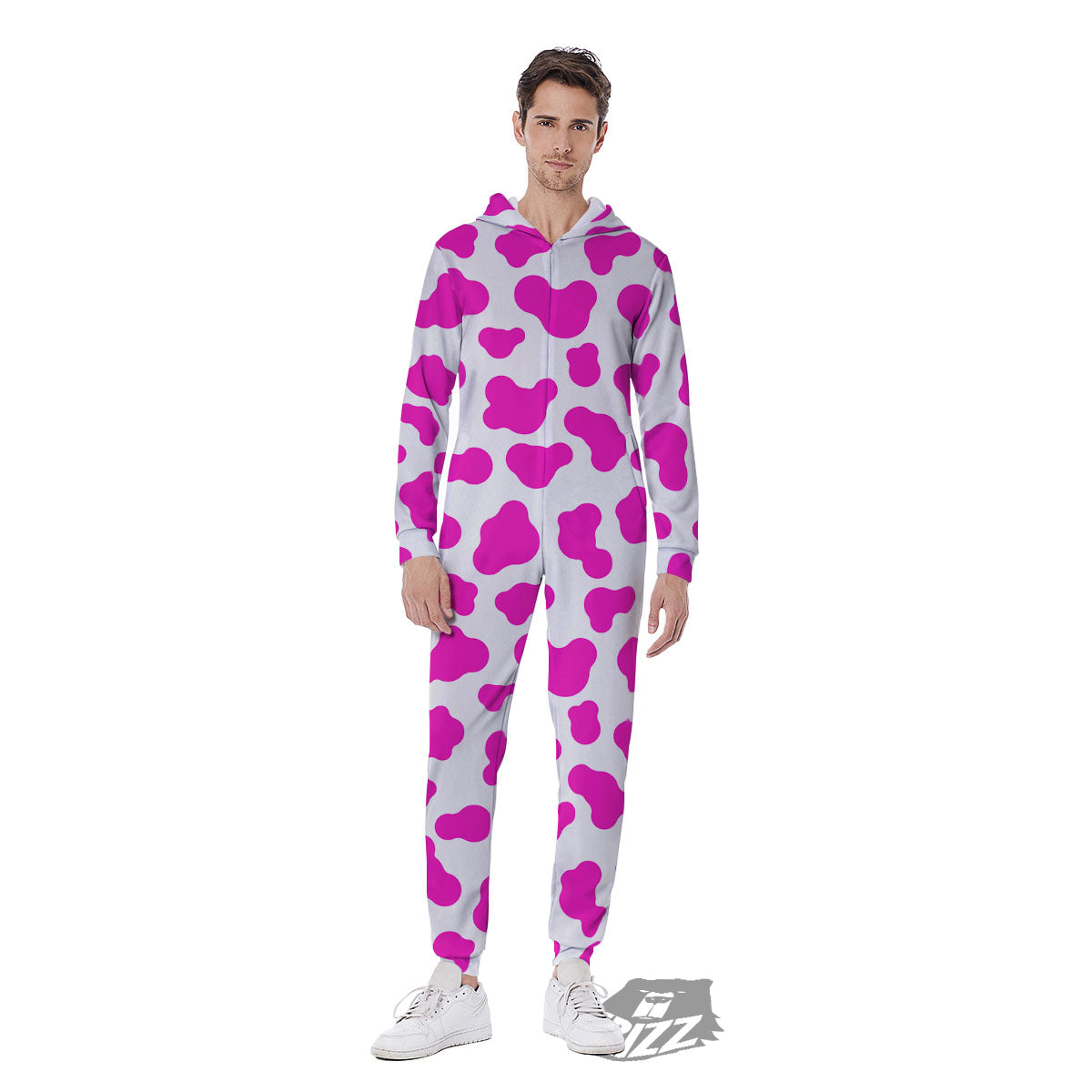 White Cow And Hot Pink Print Men's Jumpsuit-grizzshop
