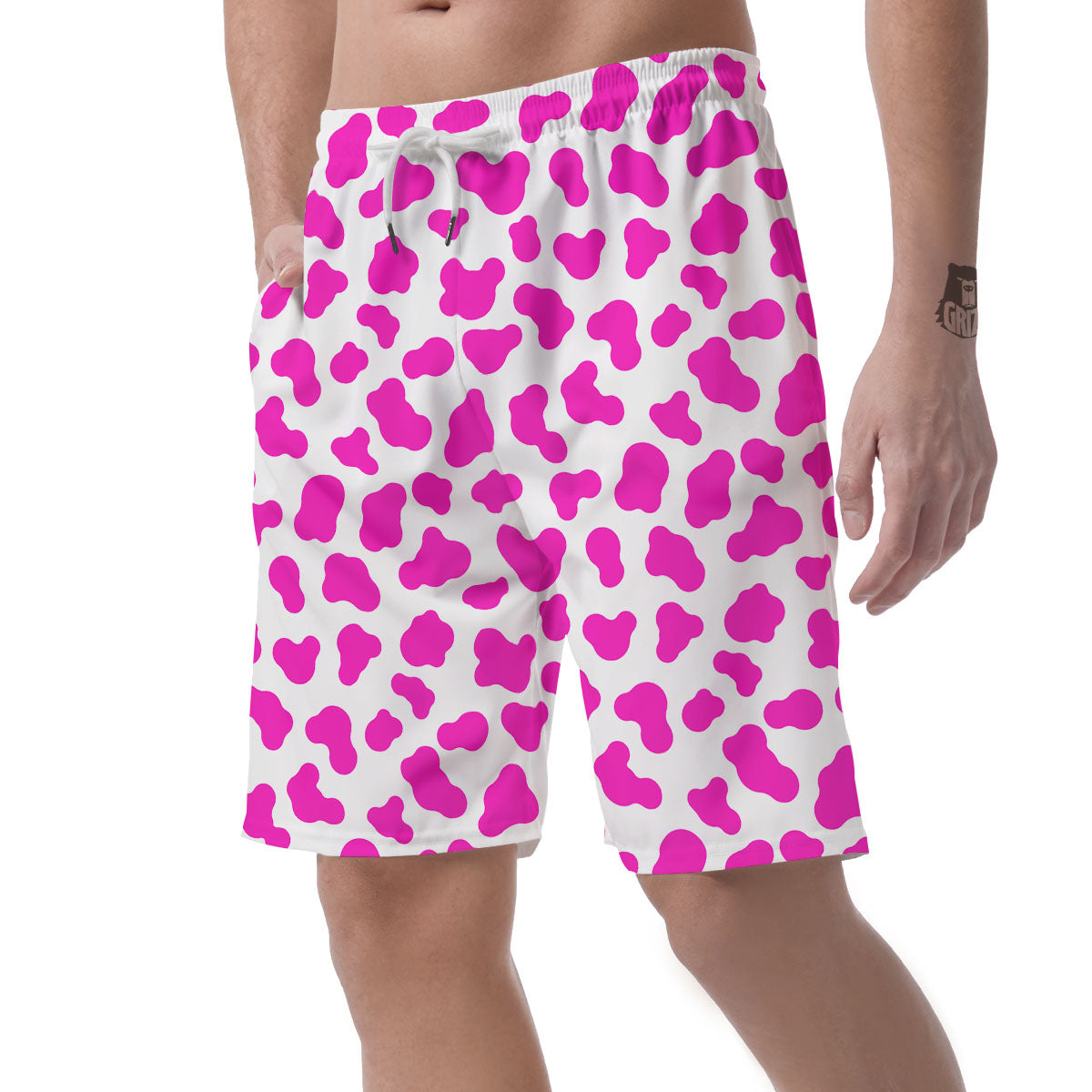 White Cow And Hot Pink Print Men's Shorts-grizzshop