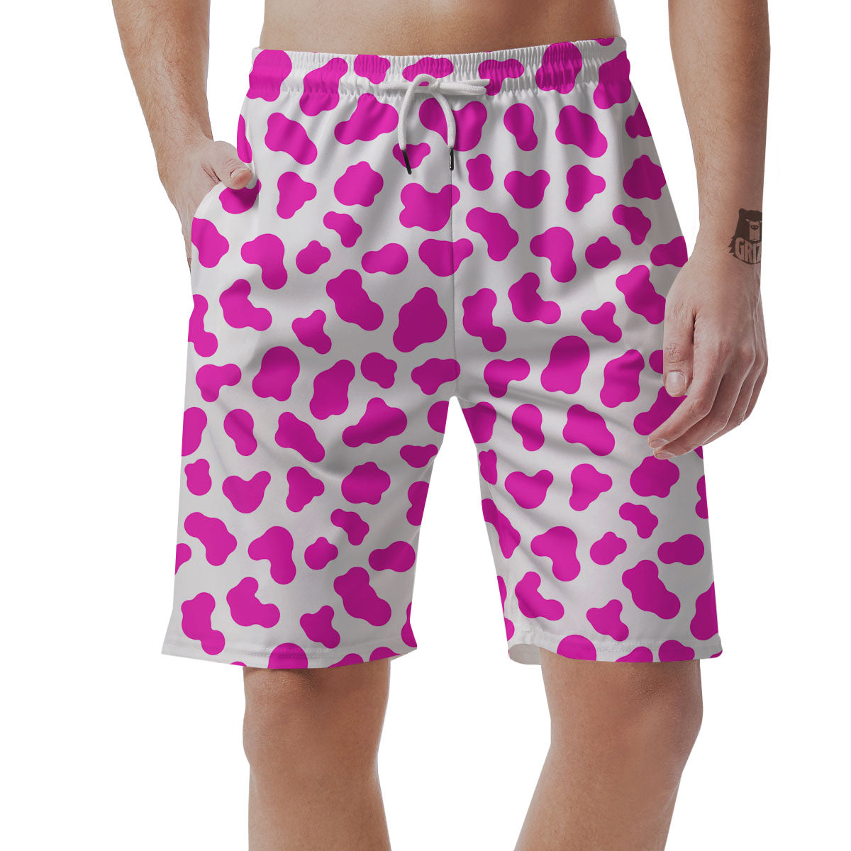 White Cow And Hot Pink Print Men's Shorts-grizzshop