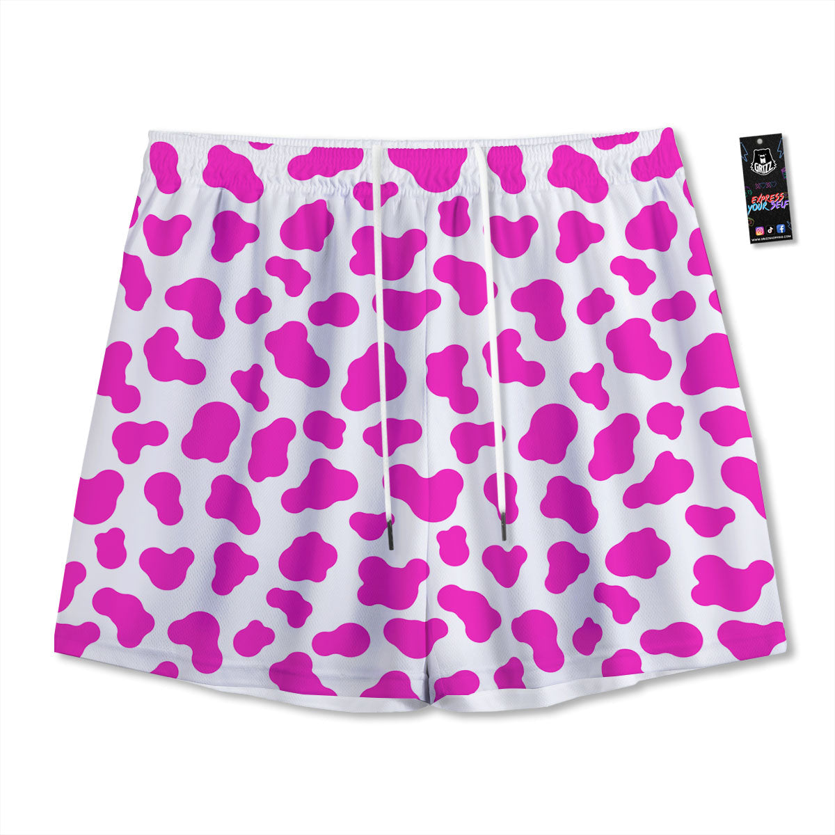 White Cow And Hot Pink Print Mesh Shorts