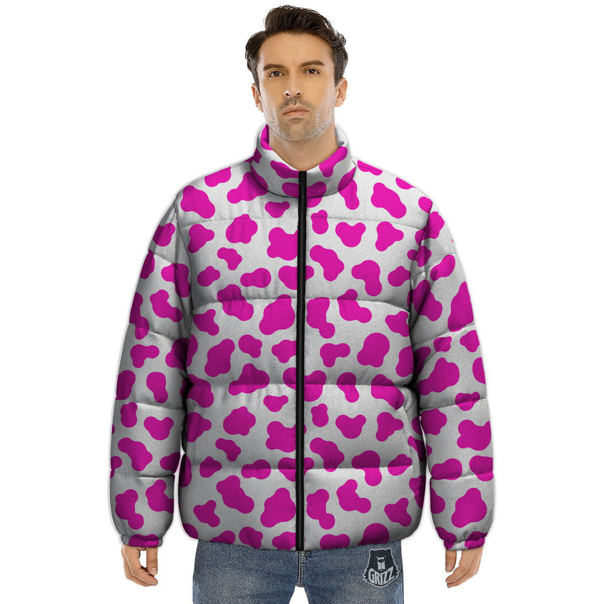White Cow And Hot Pink Print Puffer Jacket-grizzshop