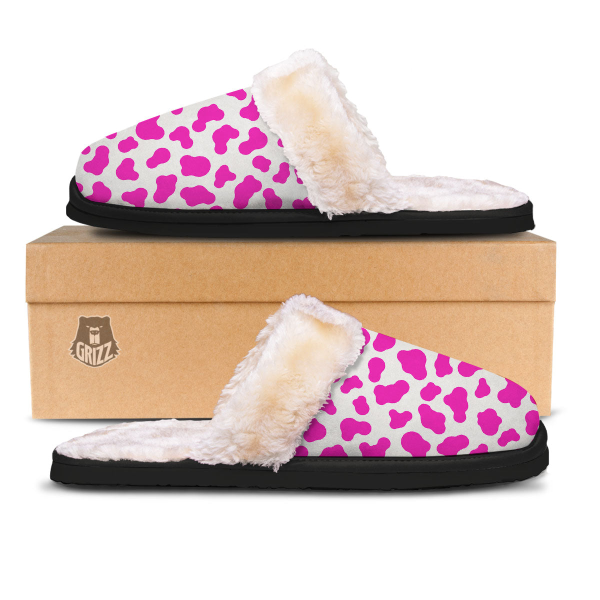White Cow And Hot Pink Print Slippers-grizzshop
