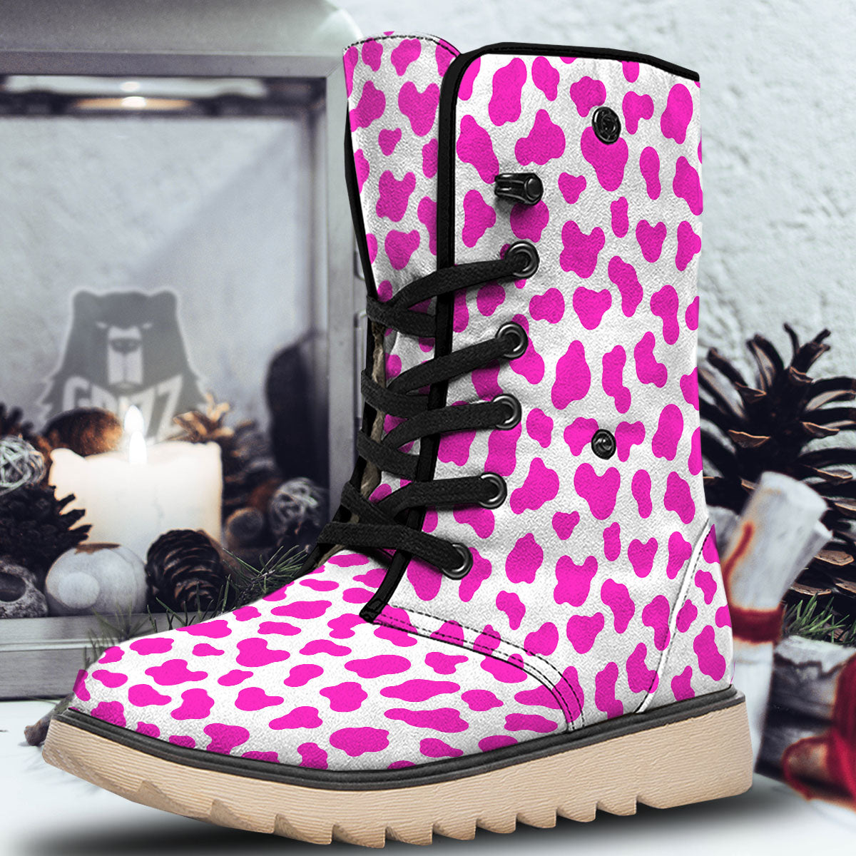White Cow And Hot Pink Print Snow Boots-grizzshop
