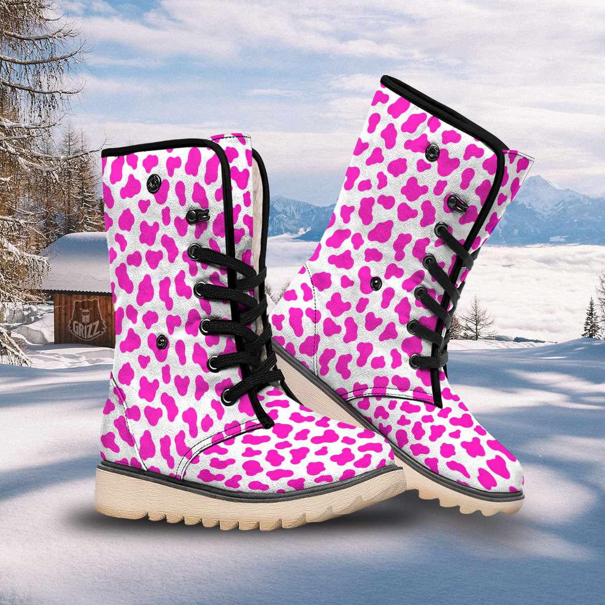 White Cow And Hot Pink Print Snow Boots-grizzshop