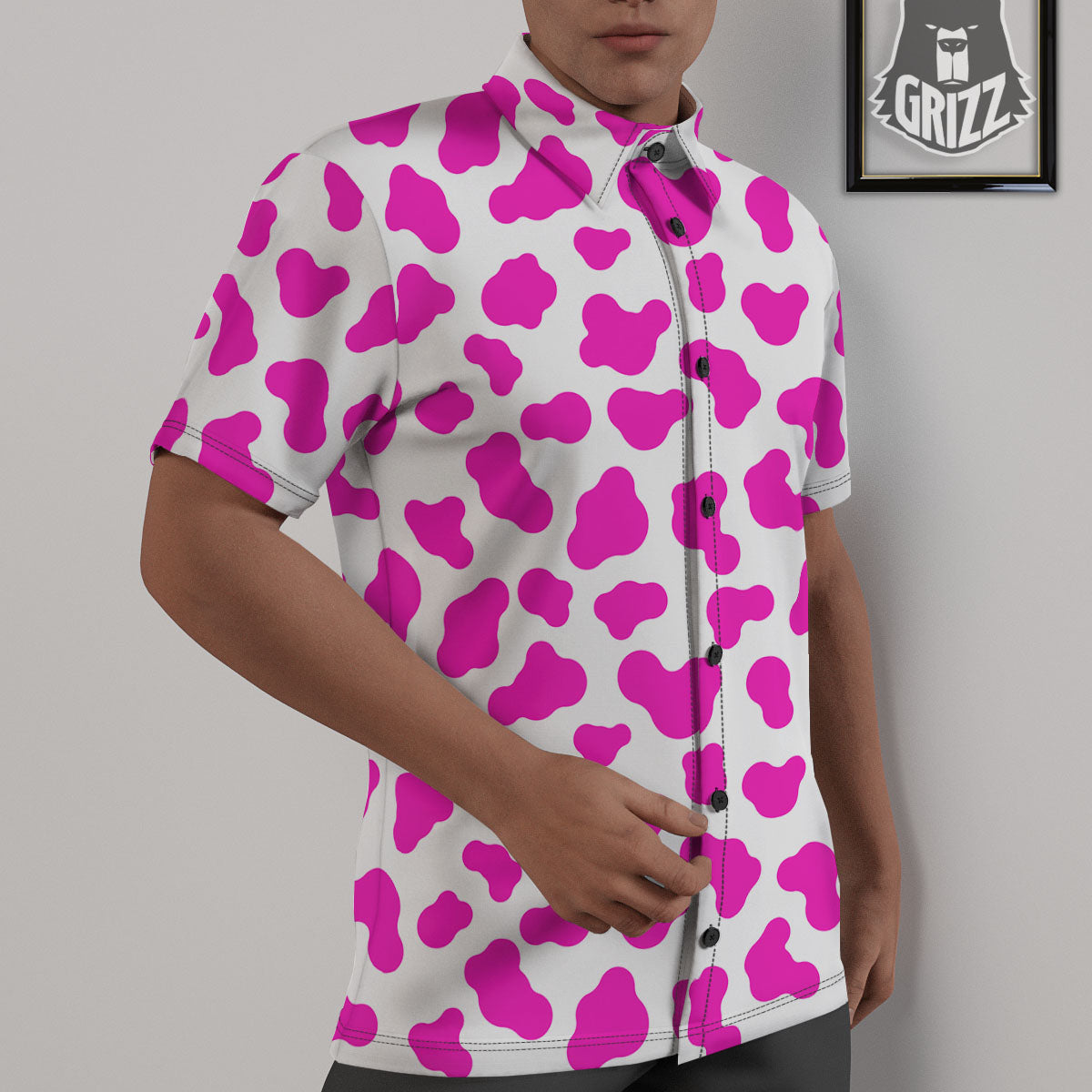 White Cow And Hot Pink Print Untucked Shirts-grizzshop