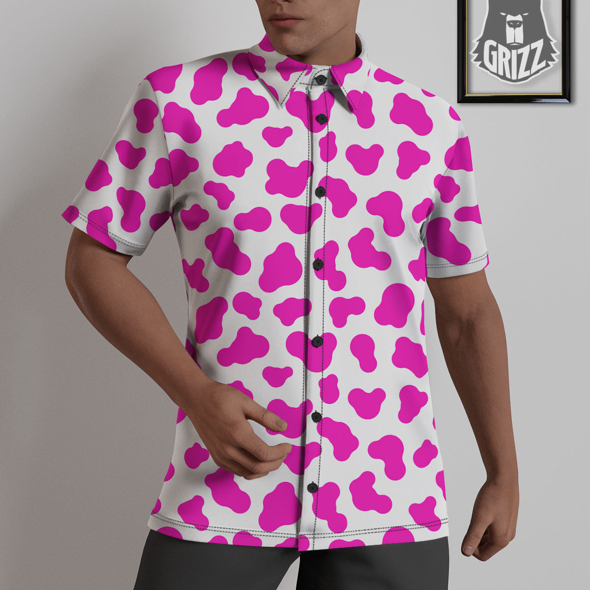 White Cow And Hot Pink Print Untucked Shirts-grizzshop