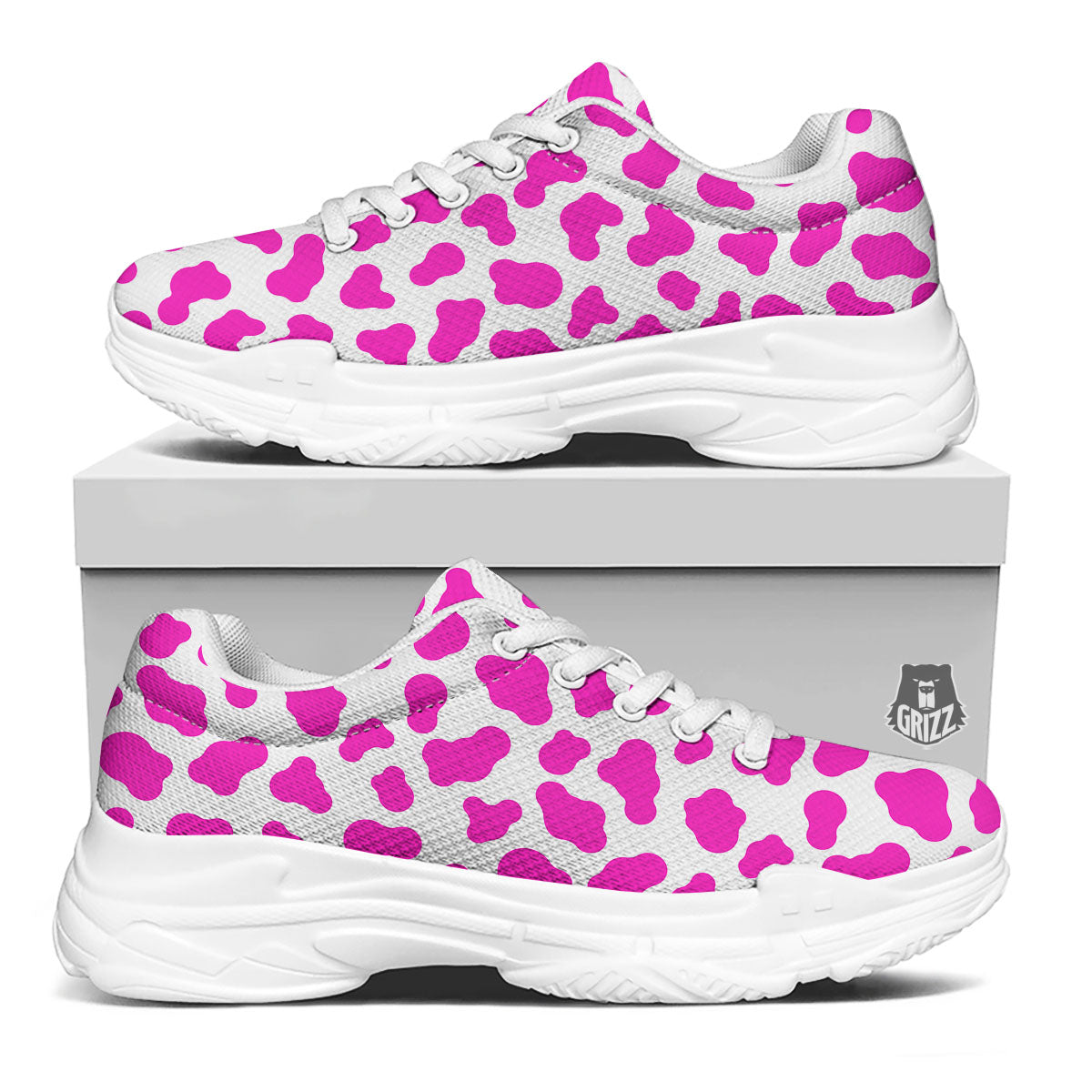 White Cow And Hot Pink Print White Chunky Shoes-grizzshop